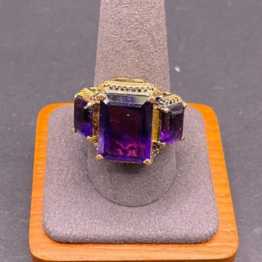Gold Vermeil 925 Sterling Silver Emerald Cut Amethyst Cocktail Ring Sz 9.75